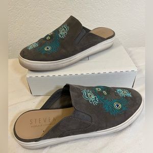 STEVEN NATURAL COMFORT GRAY FLORAL EMBROIDERED SHOES SZ 8 EUC SLIP ON‎ MULE LORA
